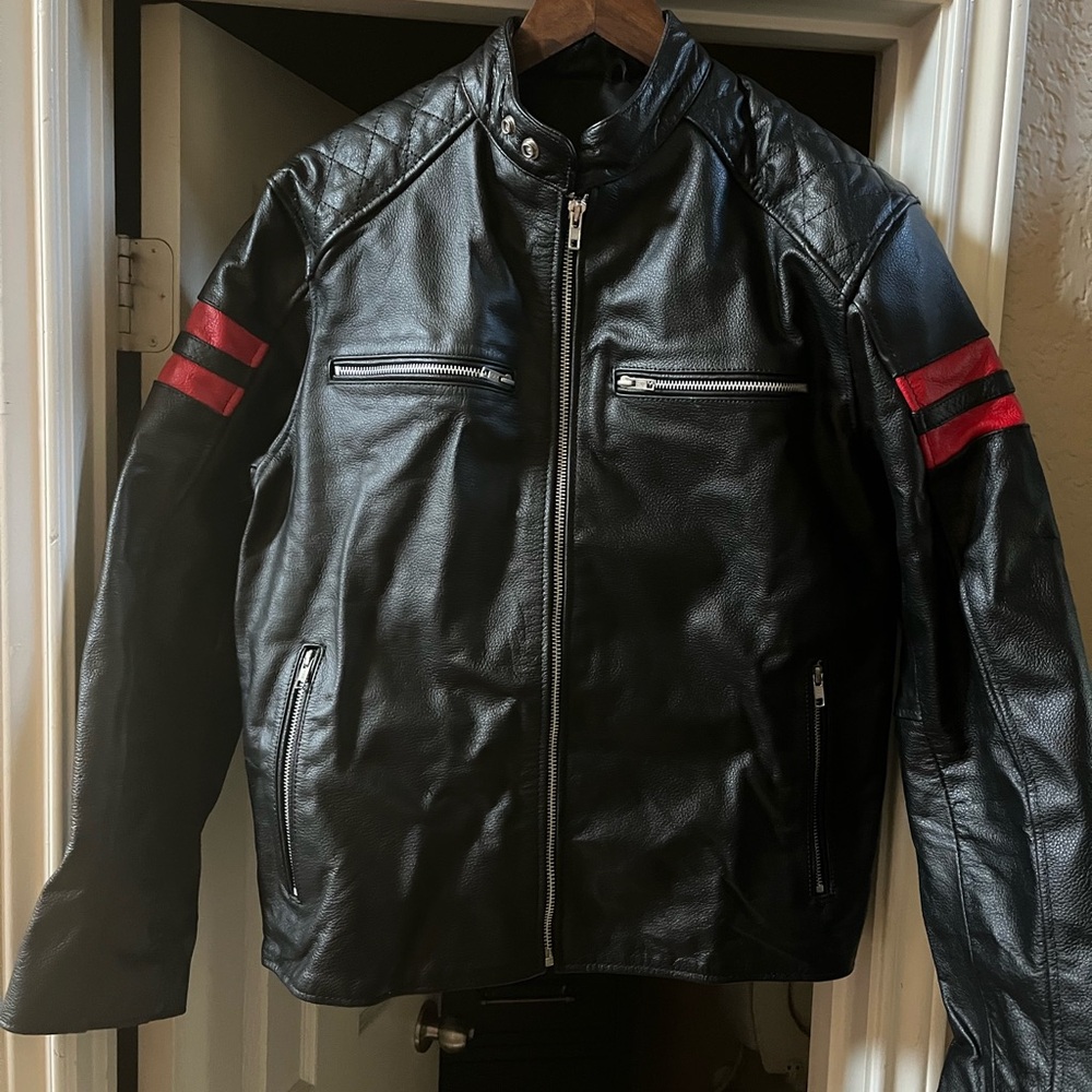 New! Alpha Stand Collar Leather Motorcycle Jacket with Armor Black, Red Accents